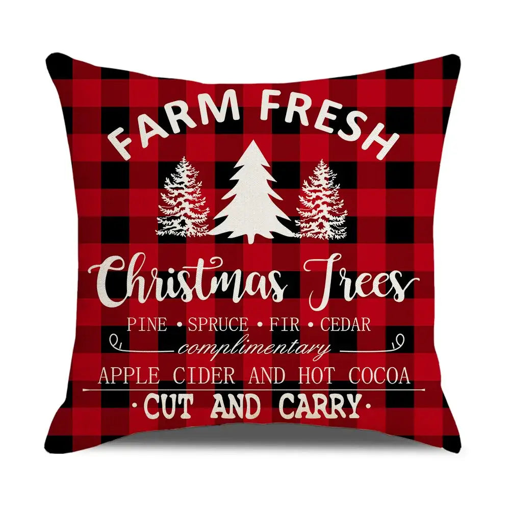 Decorbites christmas elk letter red and black plaid throw pillow with farm fresh christmas trees text and pine tree design