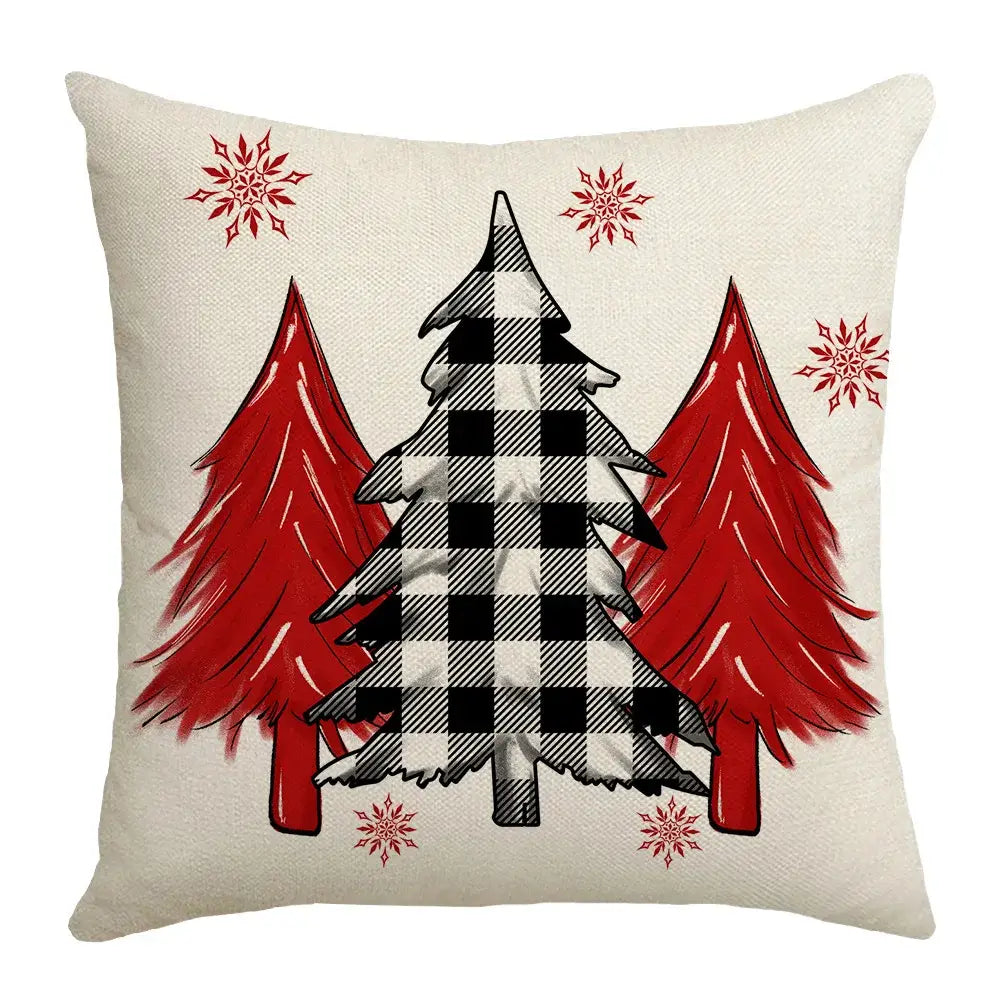 Beige linen throw pillow with a festive red and black christmas elk letter design by DecorBites for living room