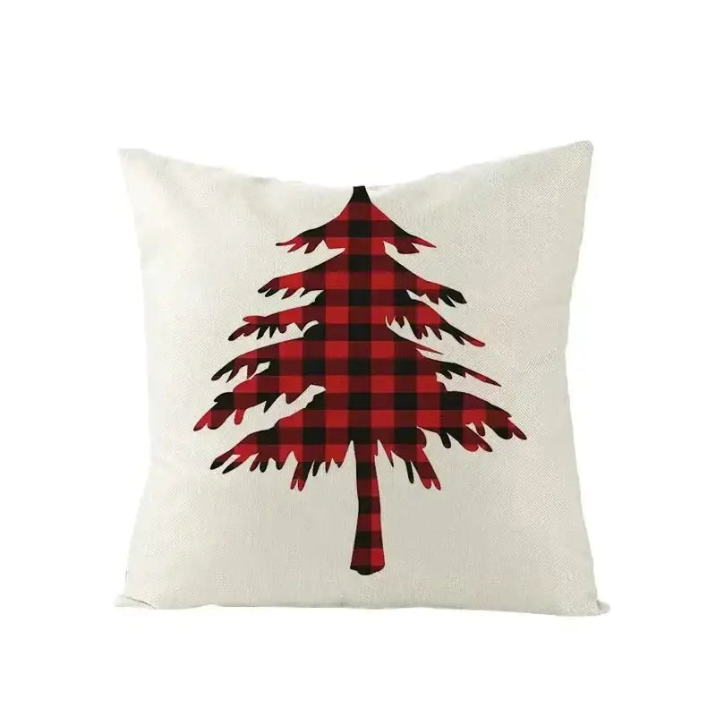 White throw pillow with decorbites christmas elk red letter design featuring a red and black plaid pine tree pattern