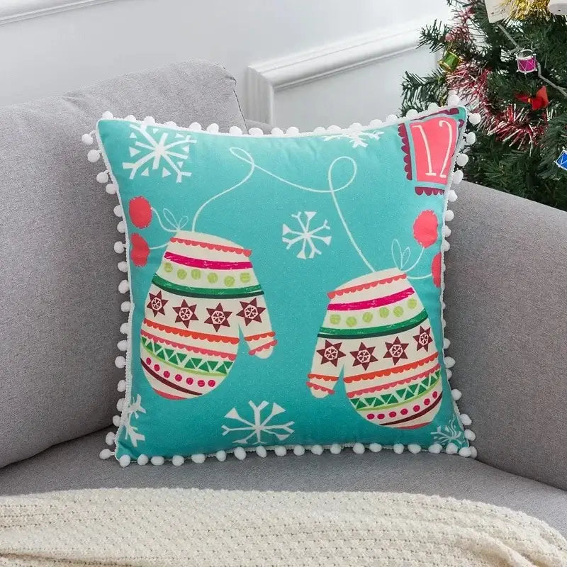 Turquoise christmas elk pillowcase by decorbites featuring embroidered mittens snowflakes pom-pom trim red letter design