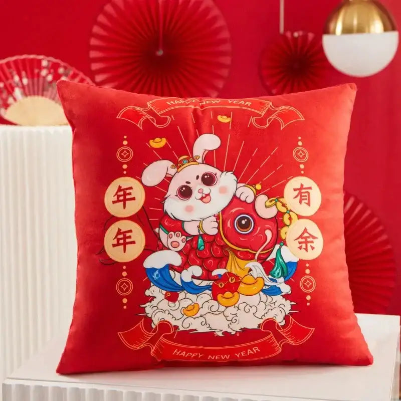 Red velvet decorbites christmas elk pillowcase featuring cartoon rabbit holding red fish with gold coins and red letter design
