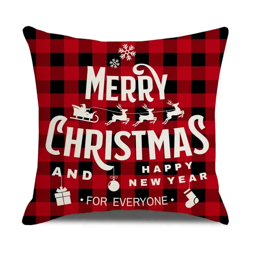 DecorBites christmas elk pillowcase 45x45cm red and black plaid with white merry christmas text and festive icons red letter design