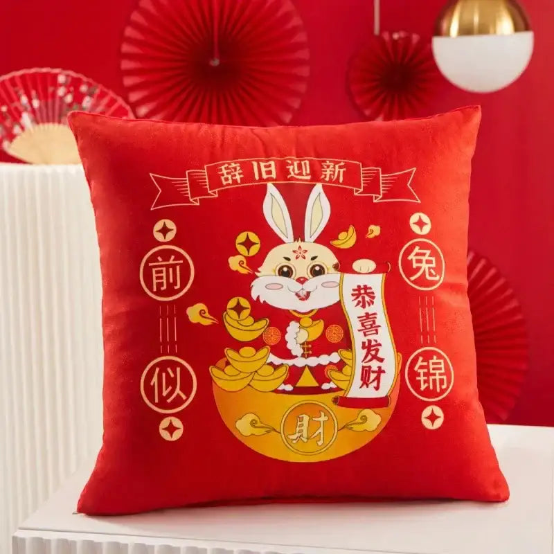 Red velvet decorbites christmas elk pillowcase 45x45cm with cartoon rabbit gold coins scroll and red letter design