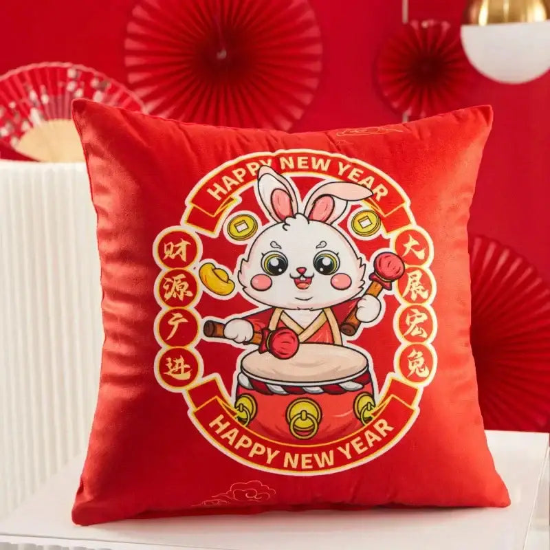 Decorbites christmas elk red velvet cushion with cartoon rabbit drum design and gold coins in red letter design pillowcase