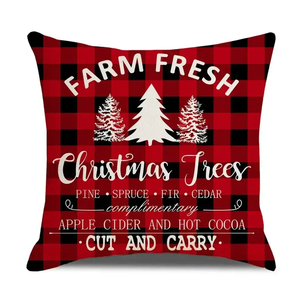 Decorbites christmas elk red letter design throw pillowcase in red and black plaid with farm fresh christmas trees text