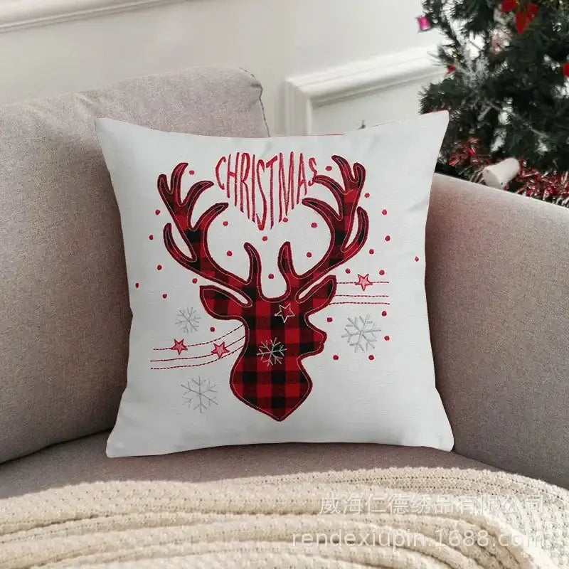 White christmas-themed pillow with red plaid reindeer embroidered stars and snowflakes decorbites christmas elk pillowcase