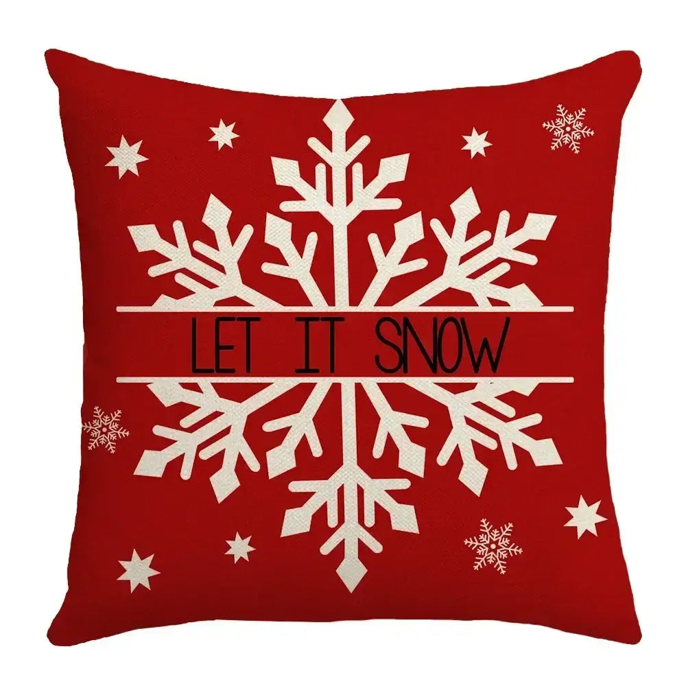 Decorbites christmas elk red letter design pillowcase featuring a red throw pillow with white snowflake and let it snow text