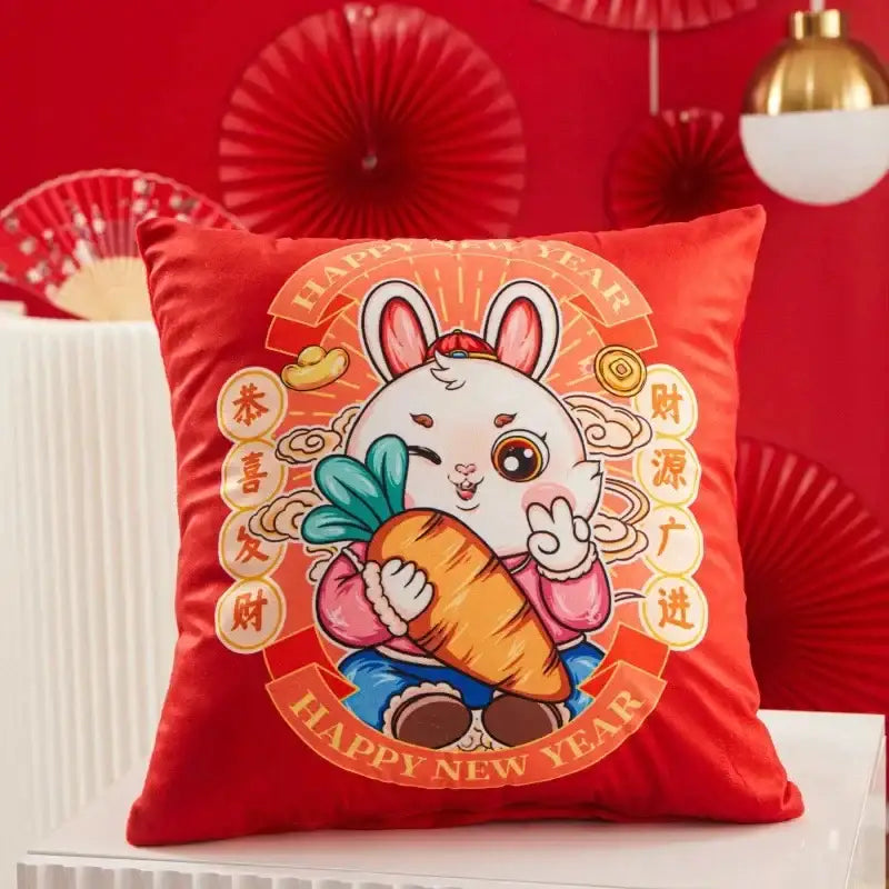 Red velvet decorbites christmas elk pillowcase 45x45cm featuring cartoon rabbit and happy new year text red letter design
