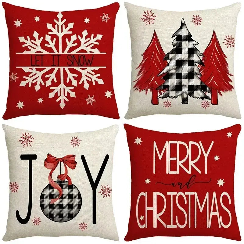 Set of four DecorBites Christmas Elk pillowcases with red letter design featuring festive holiday prints on cotton fabric