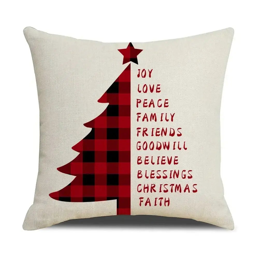 Beige decorbites christmas elk pillowcase 45x45cm with red letter design and plaid christmas tree featuring joy love peace