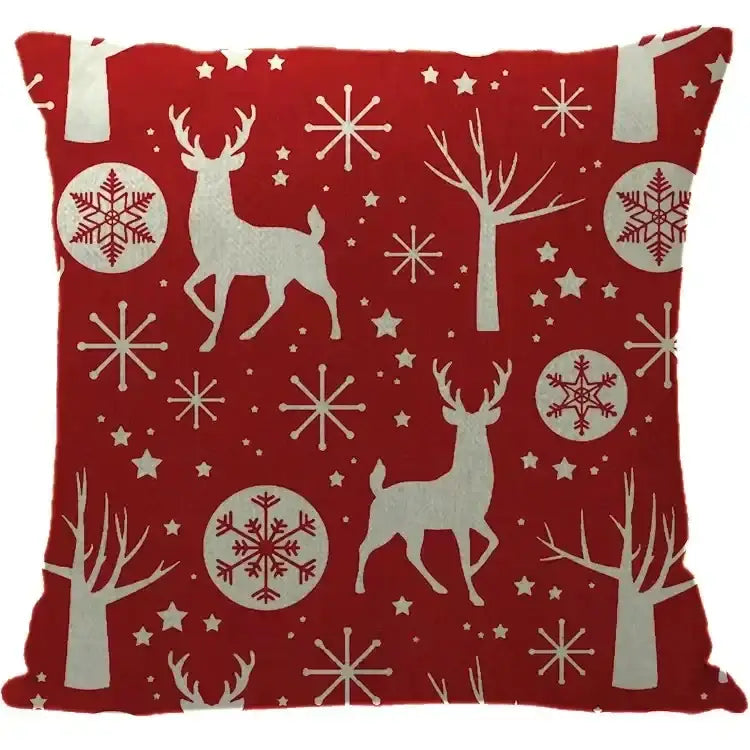 Red decorbites christmas elk pillowcase 45x45cm with white reindeer snowflakes and trees featuring red letter design