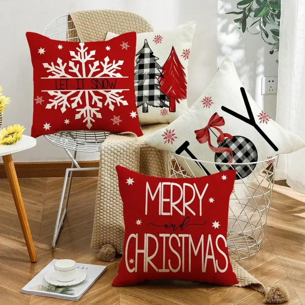 Red christmas throw pillow with white merry and christmas text and snowflake accents by decorbites christmas elk