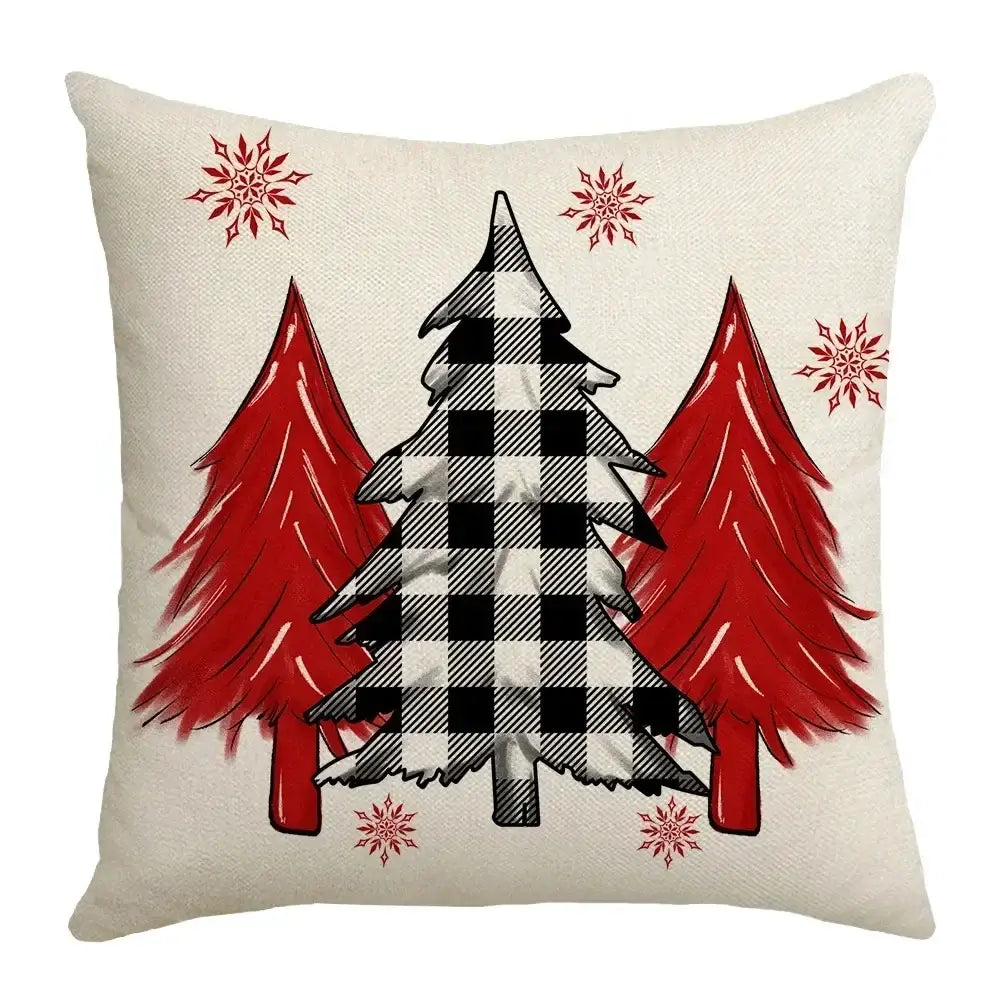 Beige decorbites christmas elk pillowcase 45x45cm with black white checkered christmas tree and red letter design