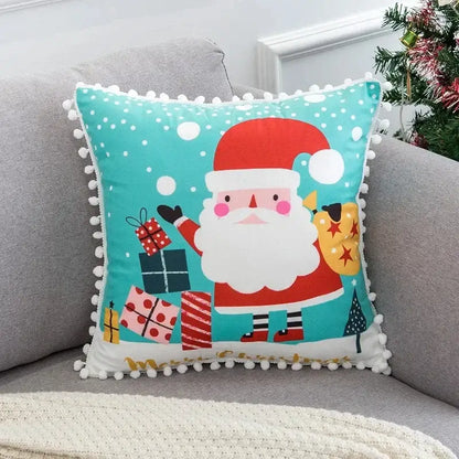 Festive turquoise decorbites christmas elk pillowcase 45x45cm with cheerful santa red hat white beard and red letter design