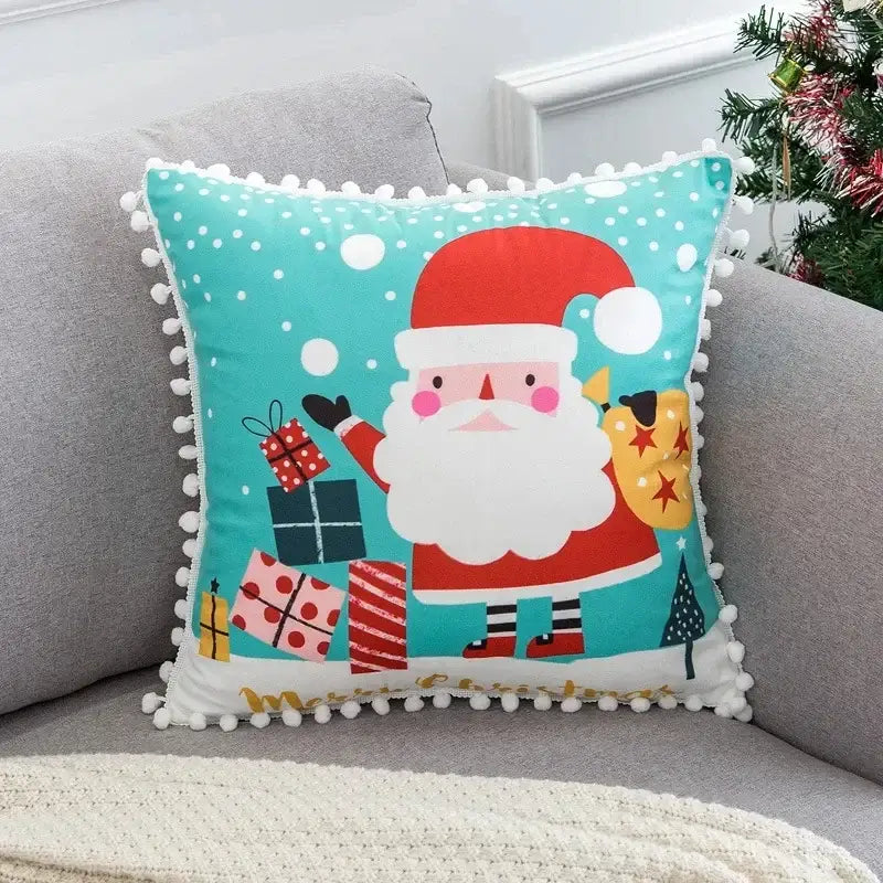 Festive turquoise decorbites christmas elk pillowcase 45x45cm with cheerful santa red hat white beard and red letter design