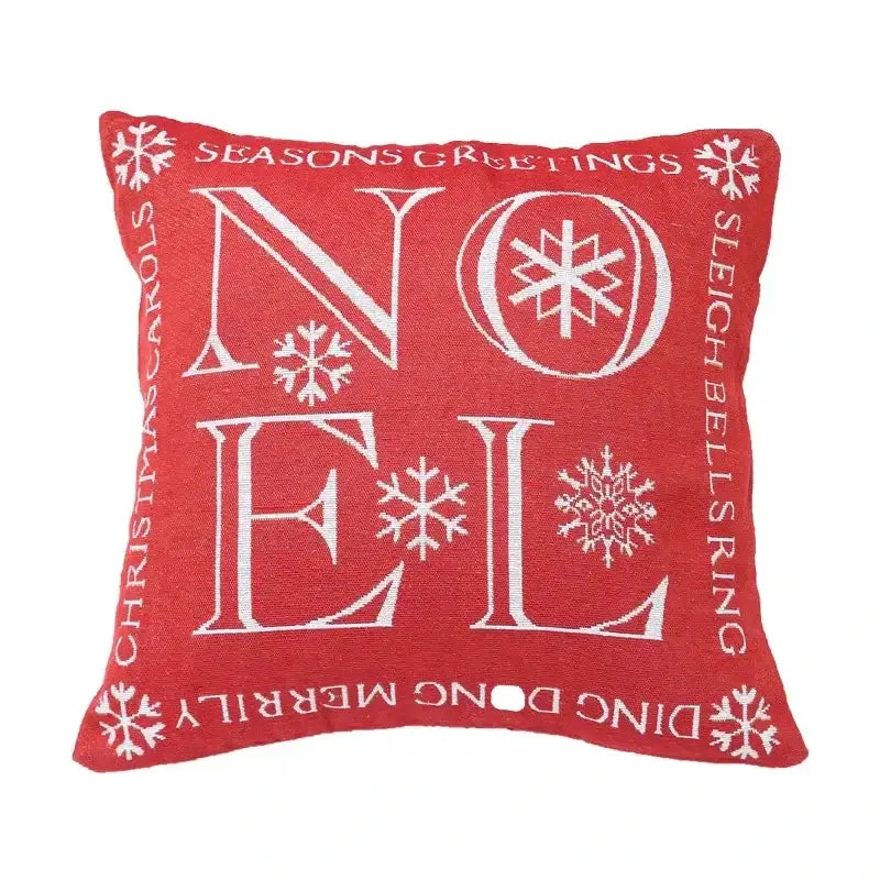 Red throw pillow with white embroidered snowflakes and text in decorbites christmas elk red letter design