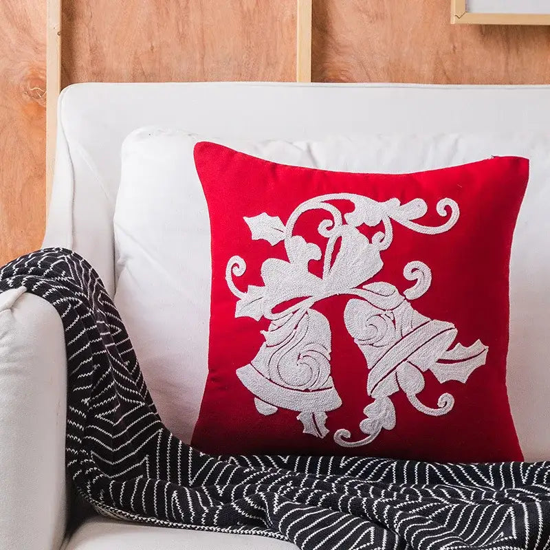 Red square decorbites christmas embroidered cotton pillow cover with white embroidered bells and holly design