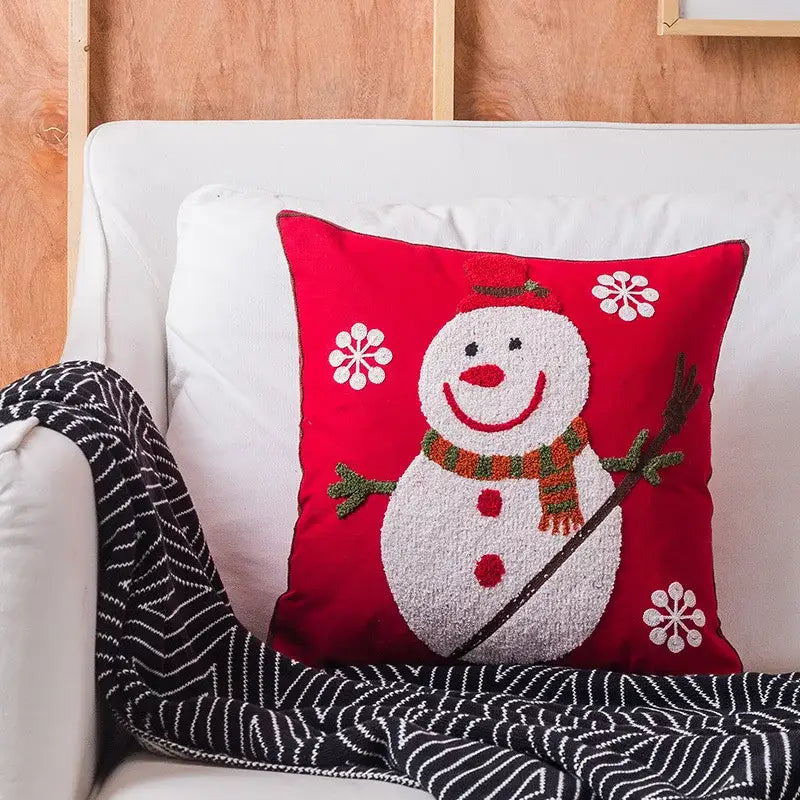 Red cushion pillow covers featuring a textured white snowman with red hat and snowflakes decorbites christmas embroidered cotton