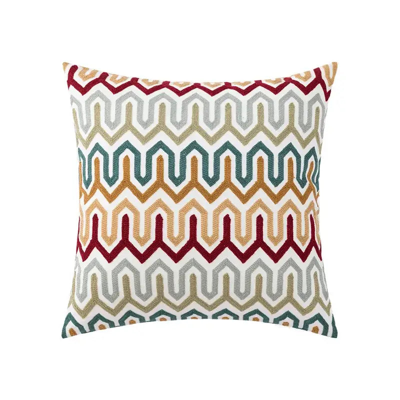 DecorBites christmas embroidered cushion cover with vibrant maroon teal olive green zigzag pattern on white background