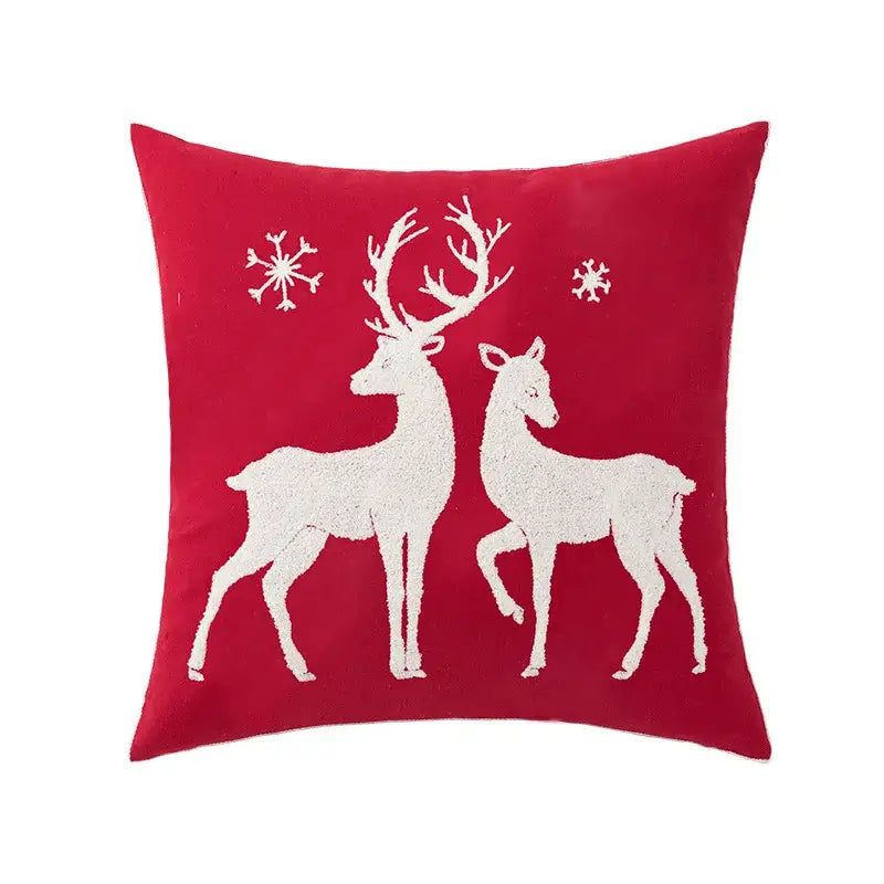 Red velvet decorbites christmas embroidered cushion cover with white deer and snowflake designs 45x45cm