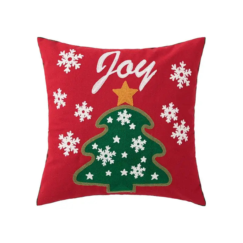 Red decorbites christmas embroidered cushion cover 45x45cm featuring green tree white snowflakes and joy script