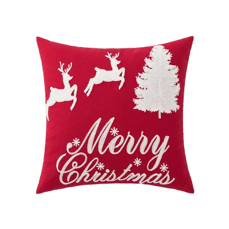 Red decorbites christmas embroidered cushion cover 45x45cm with white reindeer tree and merry christmas script