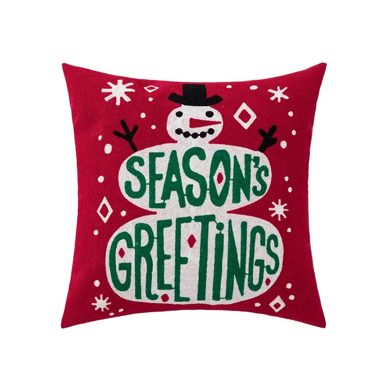 Red decorbites christmas embroidered cushion cover featuring snowman embroidery and seasons greetings text on 45x45cm throw pillow