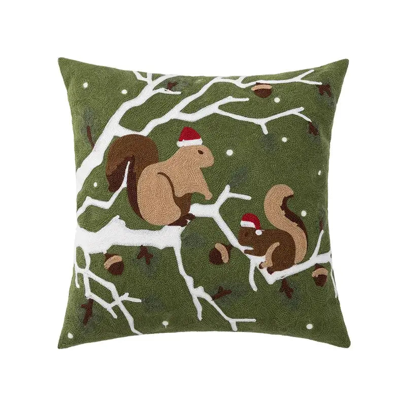 Olive green decorbites christmas embroidered cushion cover with squirrels in red santa hats on snow-covered branches