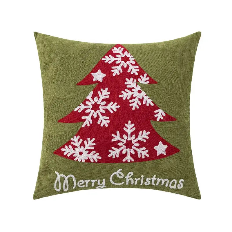 Olive green cushion cover with red embroidered christmas tree and white snowflakes by decorbites christmas embroidered collection