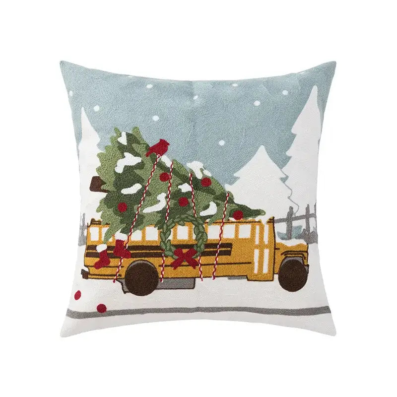 Decorbites christmas embroidered cushion cover 45x45cm featuring a light blue white pillow with festive bus and tree design