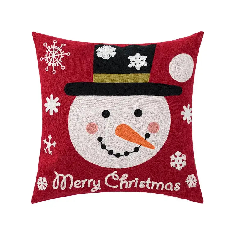 Red decorbites christmas embroidered cushion cover 45x45cm featuring a snowman with snowflakes on red fabric