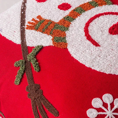 Red cushion cover featuring a textured embroidered snowman with scarf and snowflakes decorbites christmas embroidered pillowcase