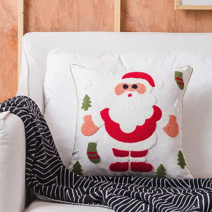 White pillow cushion cover with fluffy embroidered santa claus and green pine trees decorbites christmas embroidered