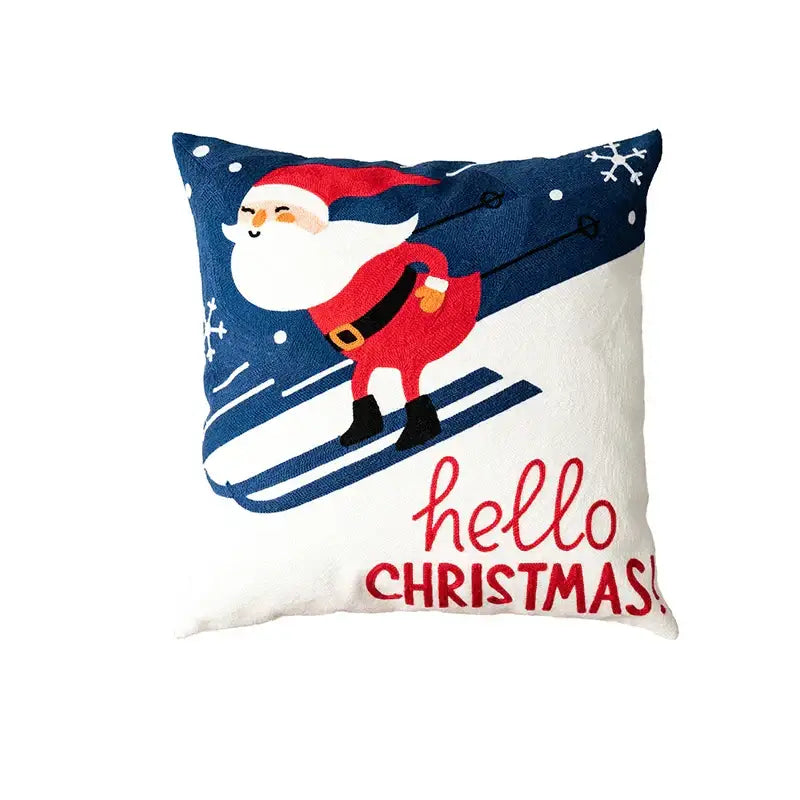 Decorbites christmas embroidered pillow cover featuring a white and navy blue festive santa claus skiing design