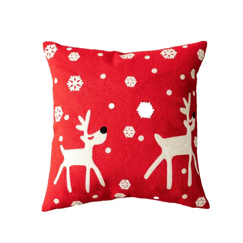 Red cushion pillow cover with white embroidered reindeer and snowflakes from decorbites christmas embroidered set 45x45cm