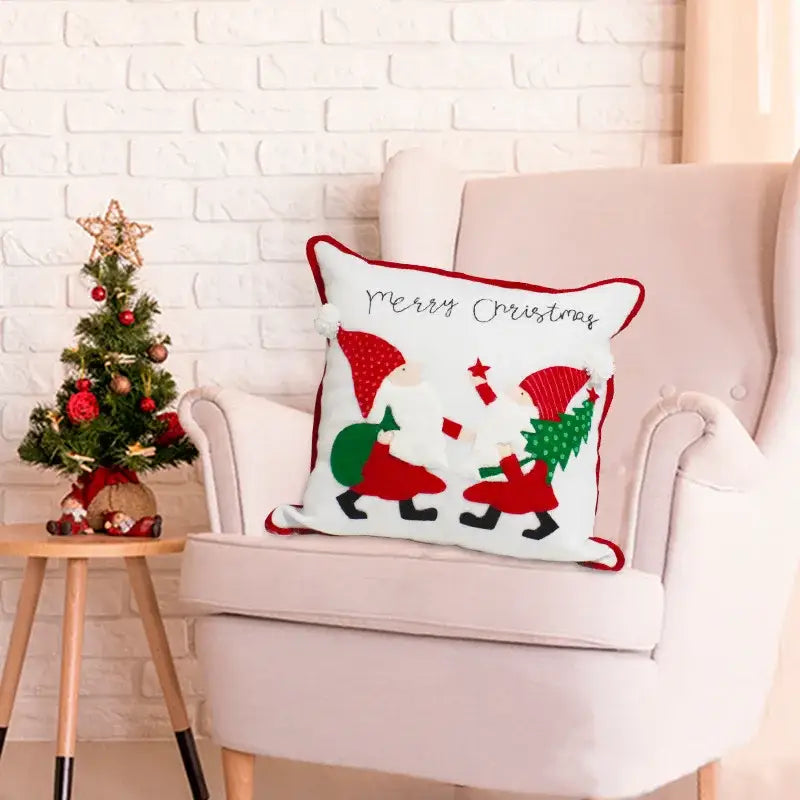 Decorbites christmas embroidered white pillowcase with red green santa embroidery merry christmas script 45x45cm