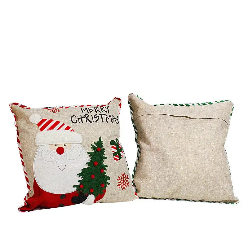 Beige linen decorbites christmas embroidered pillowcase 45x45cm with santa and green tree festive appliqué