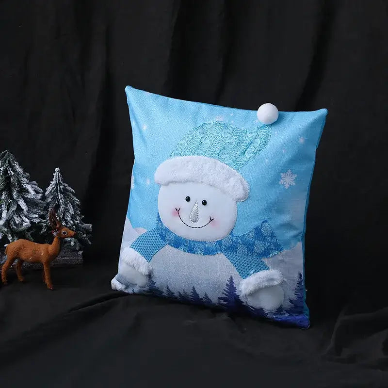 Blue snowman themed decorbites christmas embroidered pillowcase with white fur trim and fluffy pom-pom top 45x45cm