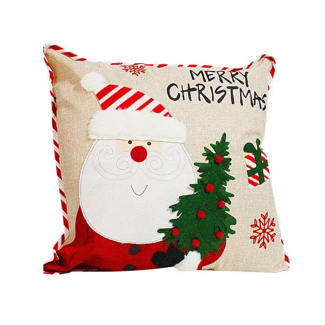 Beige decorbites christmas embroidered pillowcase with cheerful santa claus, festive tree, candy cane accents, and merry christmas text