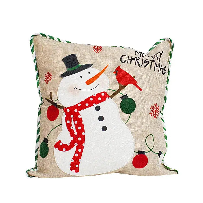 Beige linen decorbites christmas embroidered pillowcase 45x45cm featuring cheerful snowman and red cardinal design