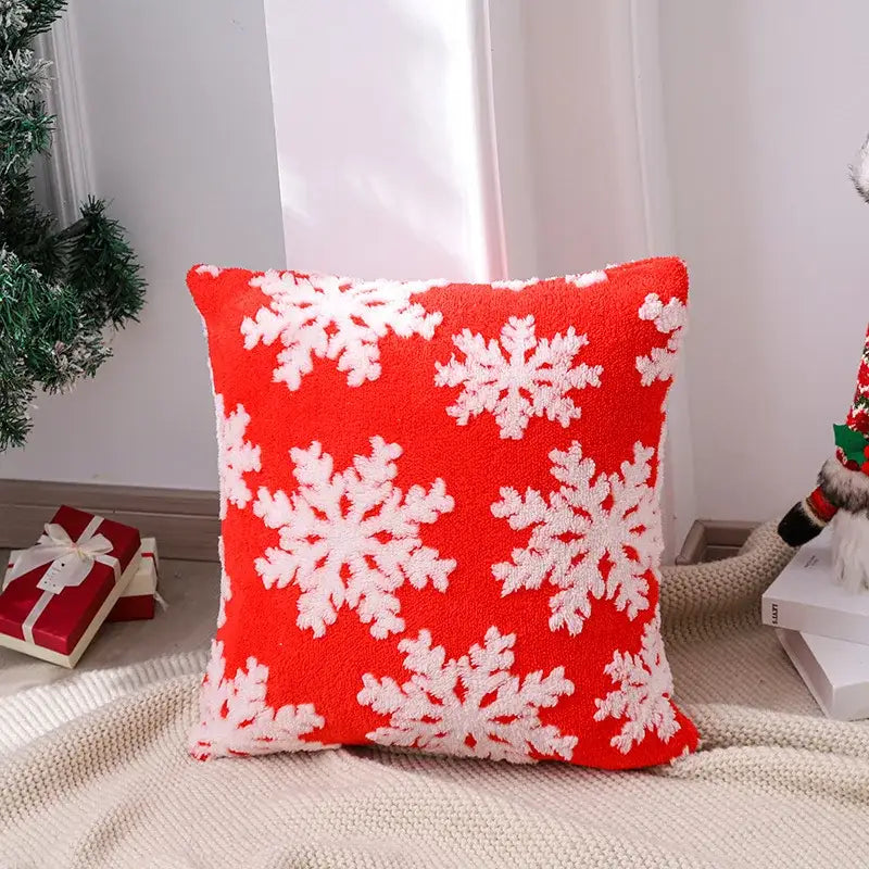 Red plush throw pillow with white embroidered snowflakes decorbites christmas embroidered pillowcase 45x45cm