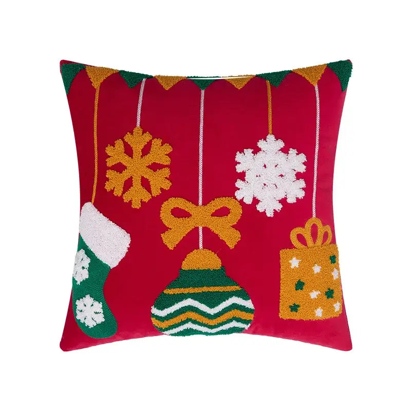 Vibrant red decorbites christmas embroidered pillow cover with textured ornaments for festive home decor