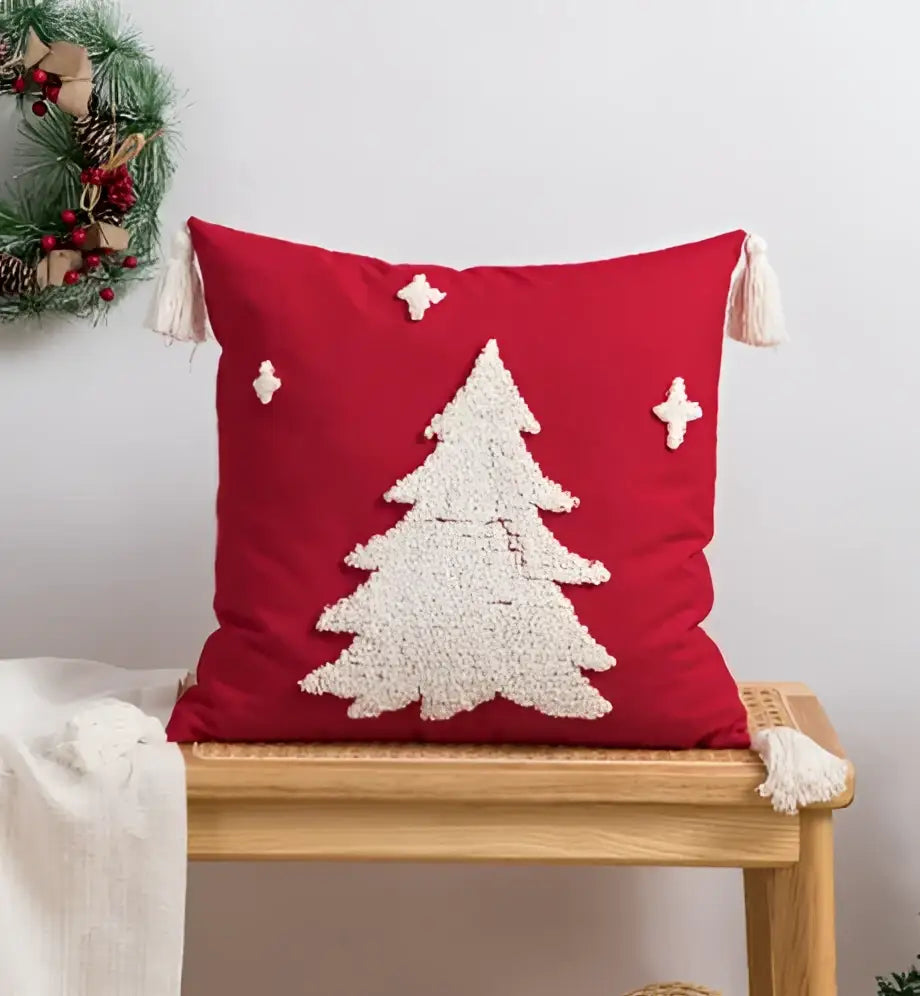 DecorBites Christmas embroidered red pillow cover with white textured tree appliqués and cream tassel accents for holidays