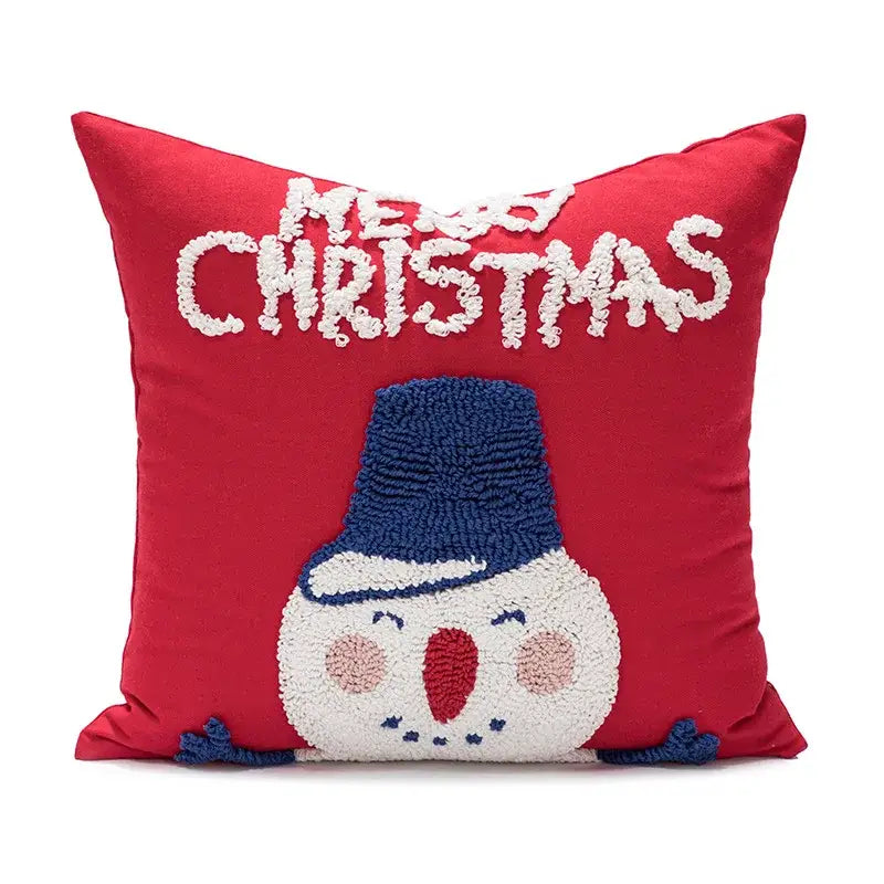 Decorbites christmas embroidered red pillow cover featuring a plush snowman with blue hat for festive home decor