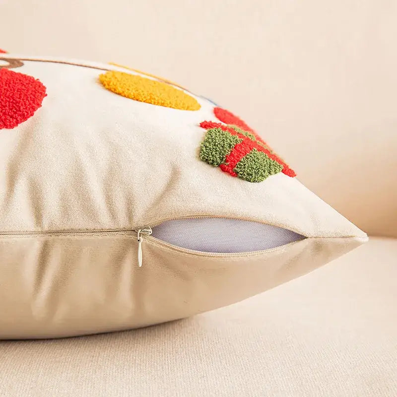 Cream-colored pillow cover with colorful textured embroidered fruit patches for decorbites christmas embroidered red decor