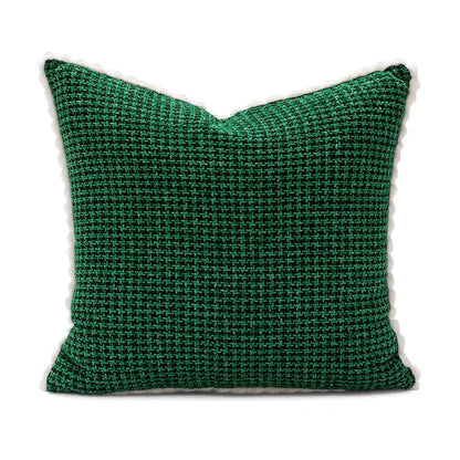 Deep green woven pillow cover with plush white fringe trim for decorbites christmas embroidered festive decor
