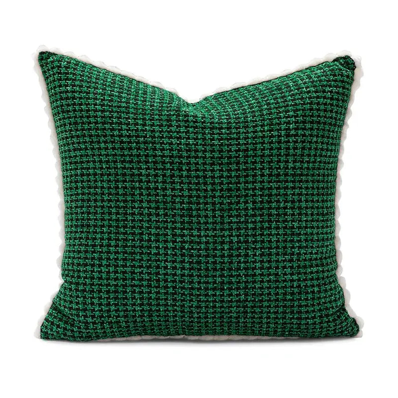 Deep green woven pillow cover with plush white fringe trim for decorbites christmas embroidered festive decor