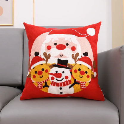 Red christmas-themed cotton cushion cover featuring decorbites christmas embroidery of santa deer and snowman designs