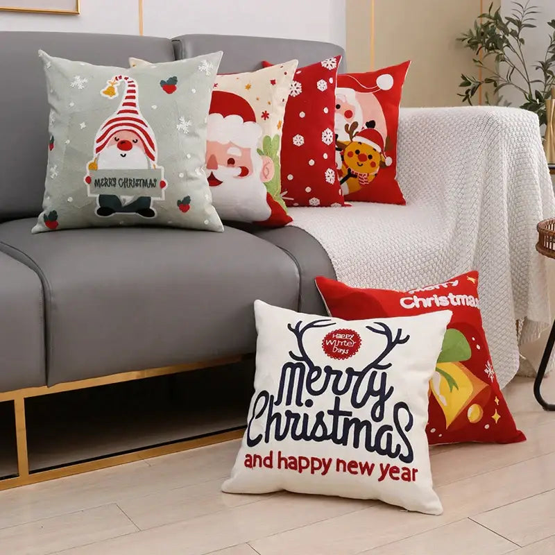 White cotton decorbites christmas embroidery cushion cover 45x45cm with merry christmas and reindeer antler design