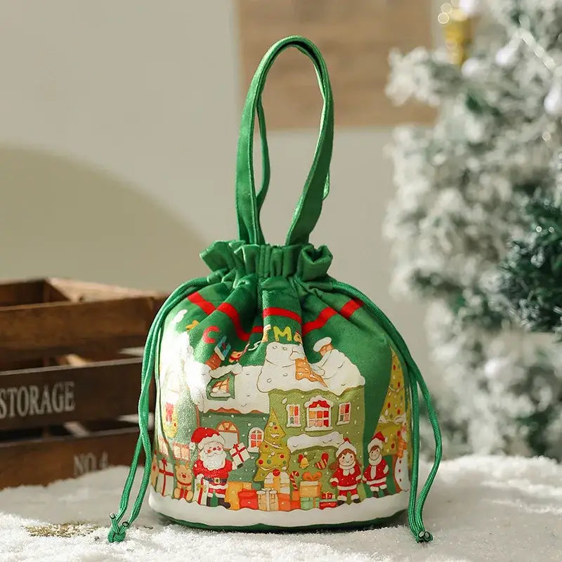 Green drawstring decorbites christmas eve apple bag with festive santa snowmen and holiday houses print for gifts